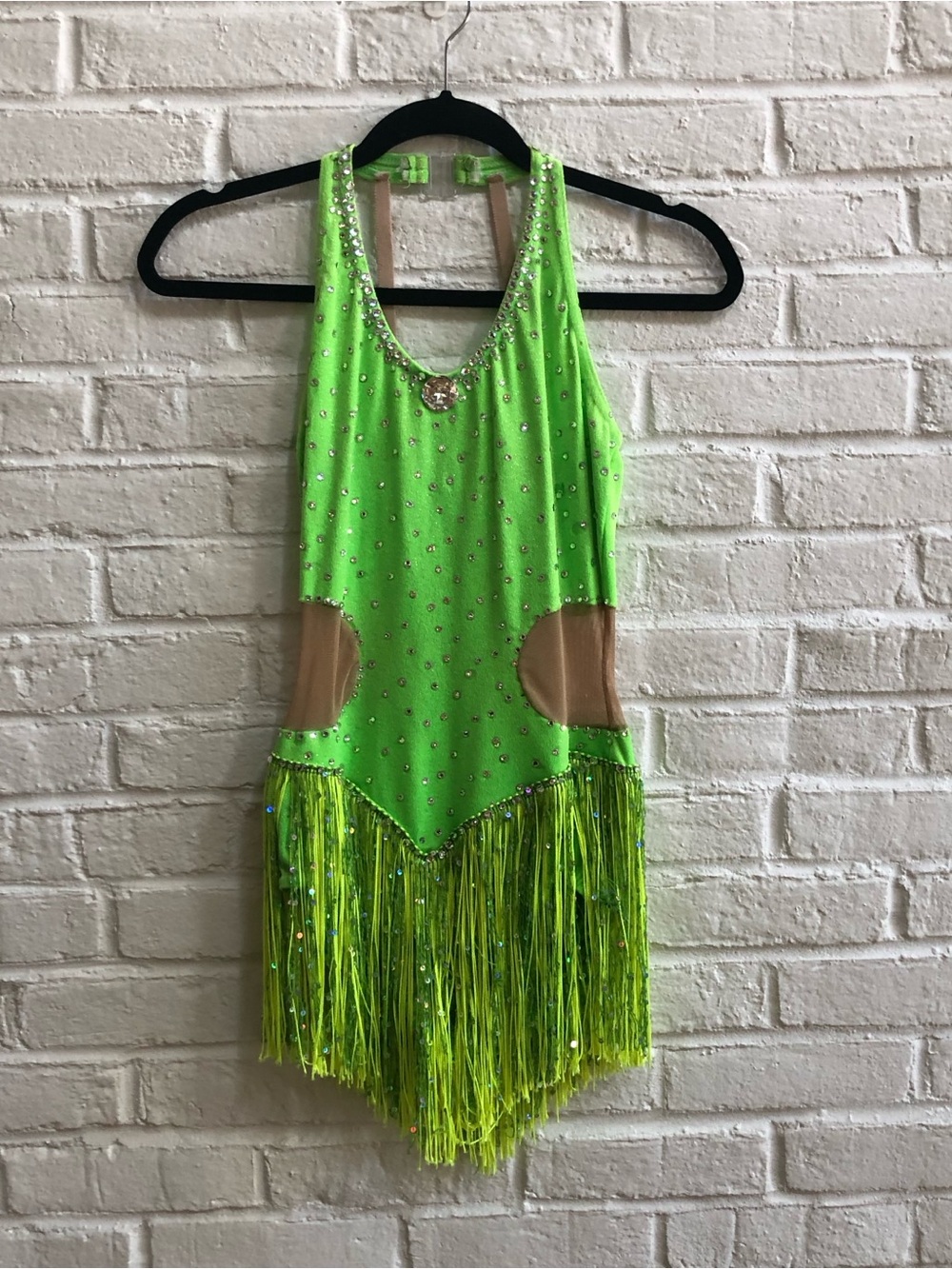 Lime Green Halter top leotard Dance Costume with Rhinestones and arm bands - Picture 3 of 15
